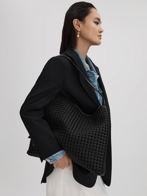 Leather Woven Tote Bag in Black