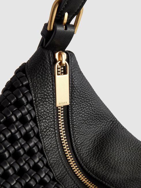 Reiss Black Vigo Leather Woven Tote Bag