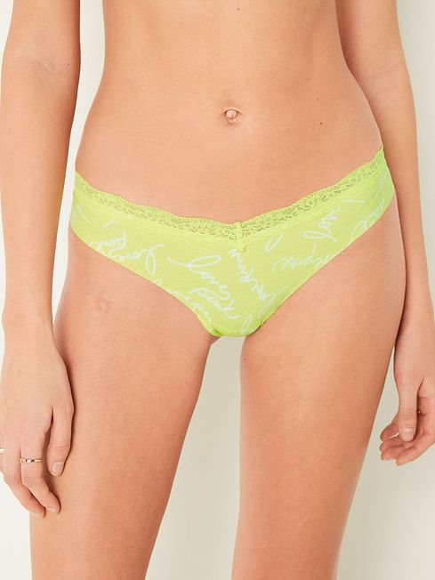 Victoria's Secret PINK Spring Script Green No Show Lace Trim Thong Knickers