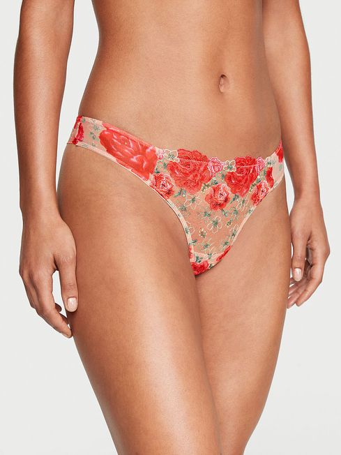 Victoria's Secret Tomato Red Embroidered Illuminating Blooms Thong Knickers