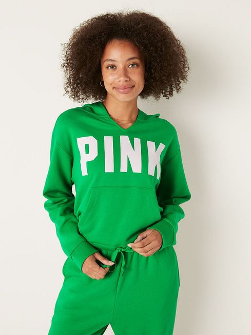Victoria's Secret PINK Happy Camper Green Fleece Crop Long Sleeve Hoodie