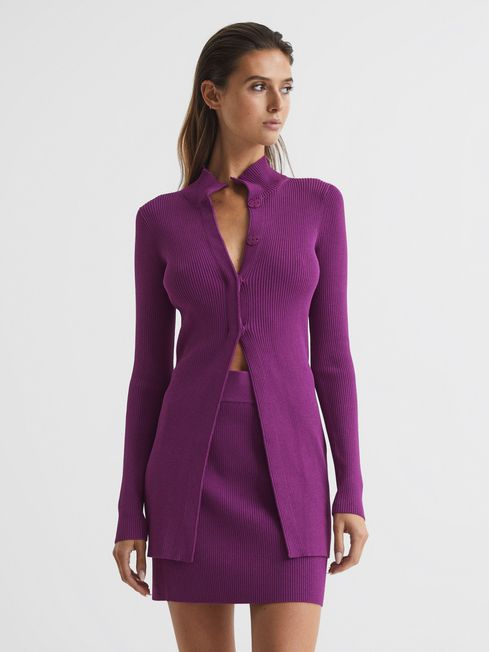 Reiss Magenta Blakely Ribbed Button Up Co Ord Cardigan
