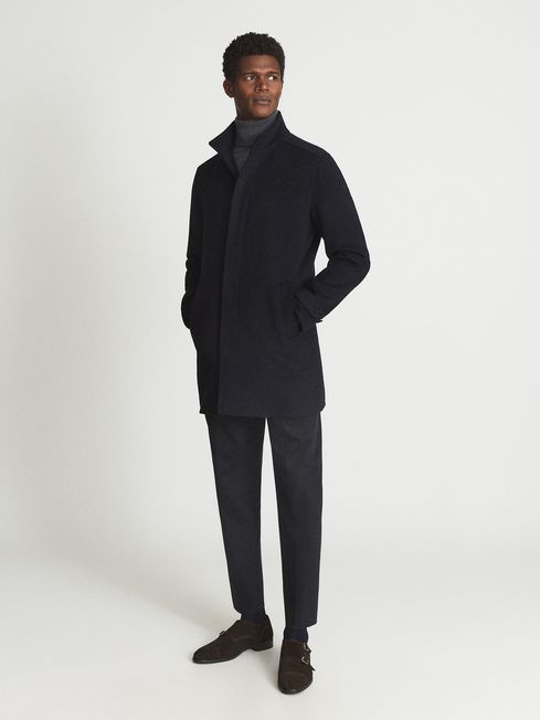 Reiss Navy Malling Wool Blend Mid Length Coat