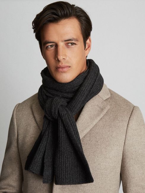 Reiss Charcoal Alderney Ribbed 100% Cashmere Scarf