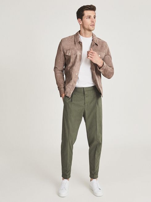Reiss Khaki Ramsay Pleat Front Tapered Trousers