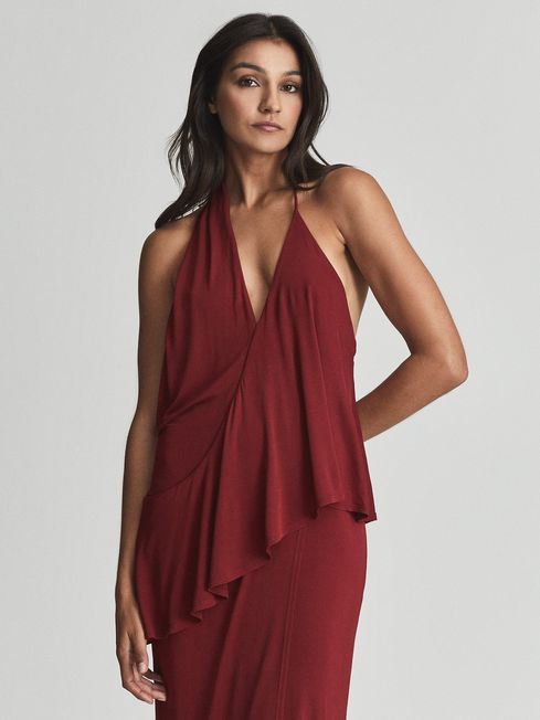 Reiss Dark Red Xena Strappy Open Back Cocktail Dress