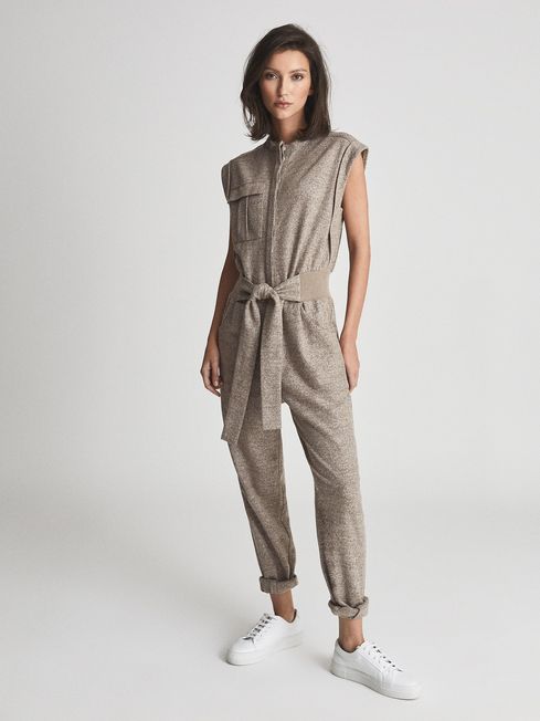 Reiss Neutral Mati Textured Wool Blend Jumpsuit