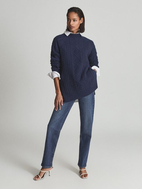 Reiss Blue Nina Cable Knit Tunic Jumper