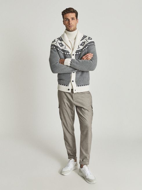 Reiss Grey/White Nordic Fair Isle Pattern Knit Cardigan