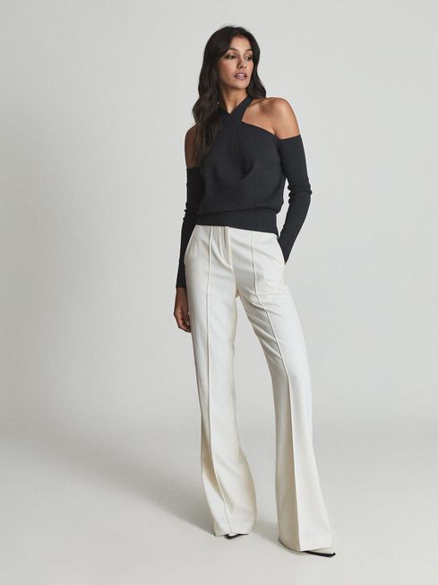 Reiss Teal Ramone Crossed Halterneck Knitted Top