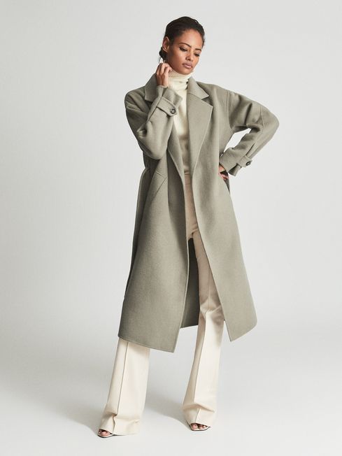 Reiss Khaki Green Olive Wool Blend Oversized Overcoat
