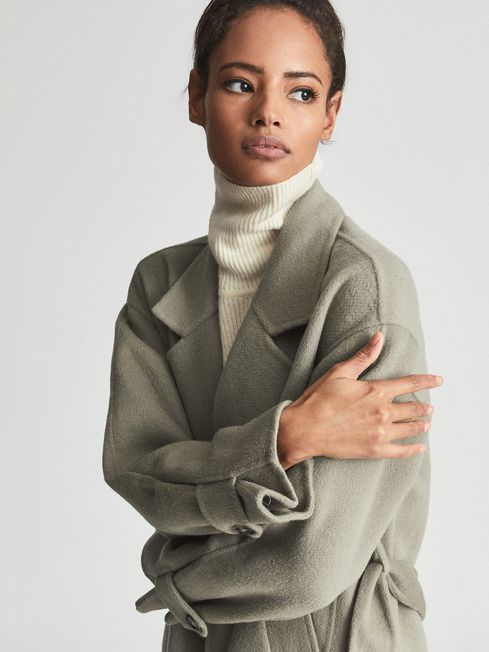 Wool Blend Oversized Overcoat in Khaki Green | REISS Canada