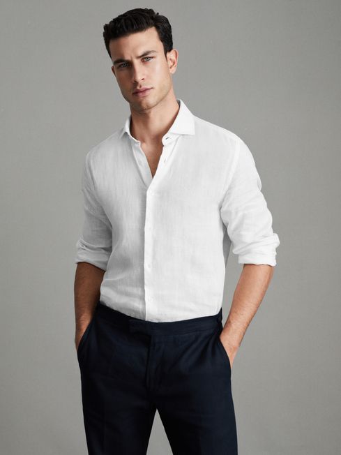 Reiss White Ruban Linen Regular Fit Shirt