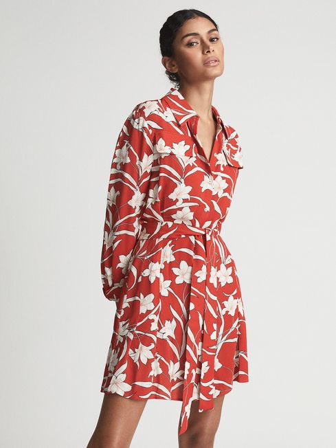 Reiss Red Tilda Printed Shirt Dress