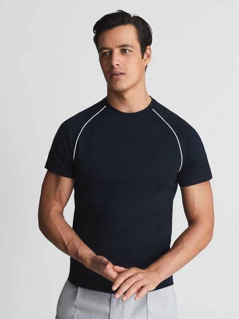 Reiss Navy Stratford Mercerised Crew Neck T-shirt With Piping