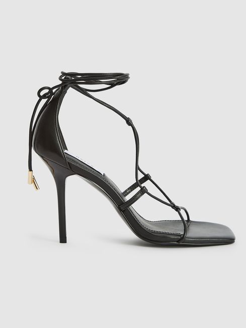 Reiss Black Kali Leather Strappy Wrap Sandals