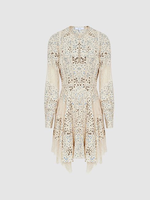 Reiss Blue Ivory Elyse Romantic Floral Lace Trim Dress