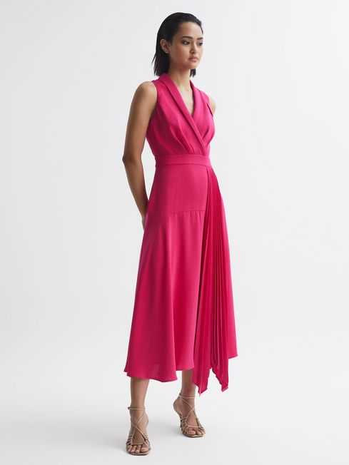 Reiss Pink Claire Pleated Fitted Midi Dress