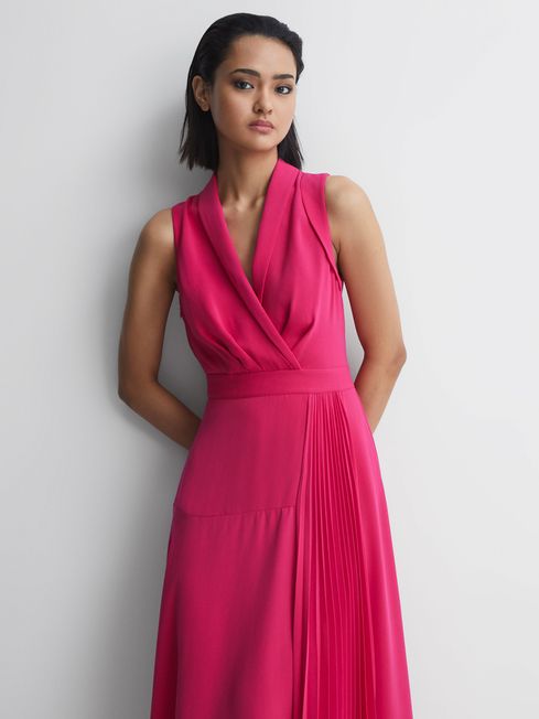 Reiss Pink Claire Pleated Fitted Midi Dress