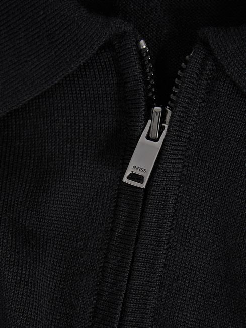 Merino Wool Half-Zip Polo Shirt in Black