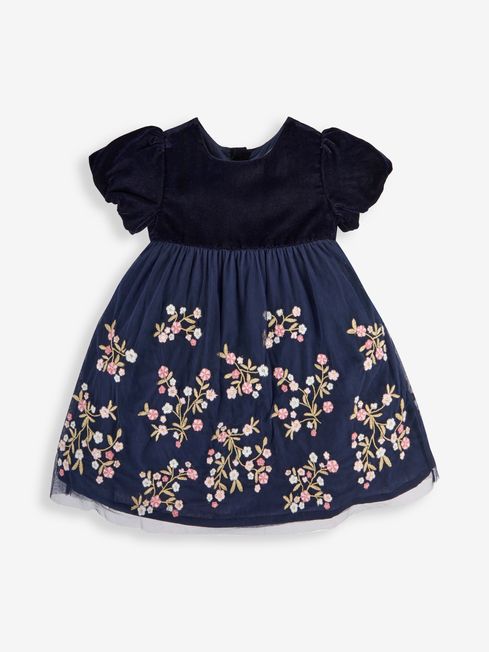 JoJo Maman Bébé Navy Floral Embroidered Party Dress