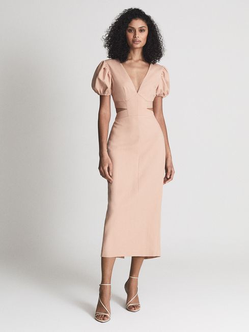 Reiss Peach Jennah Puff Sleeve Cut Out Back Midi Dress