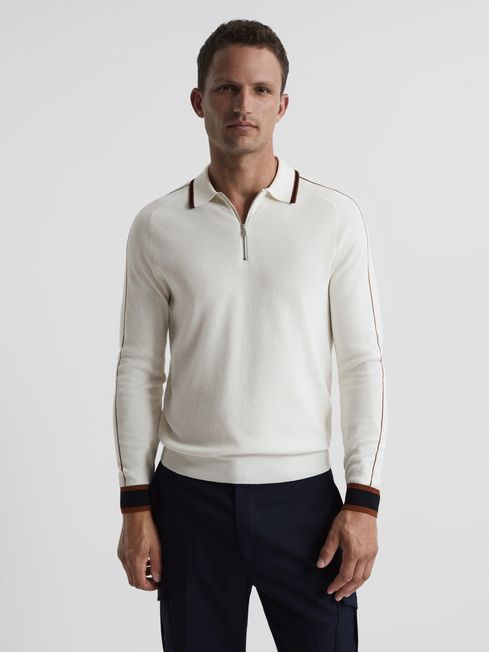 Reiss White Dudley Half Zip Tipped Polo