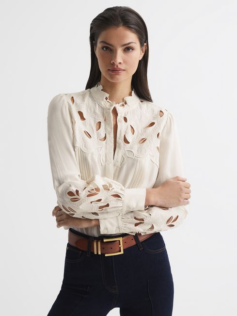 Reiss Cream Sophie Lace Detail Shirt Blouse