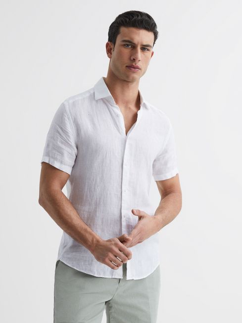Reiss White Holiday Slim Fit Linen Button-Through Shirt