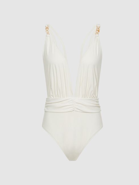 Plunge white swimsuit shop