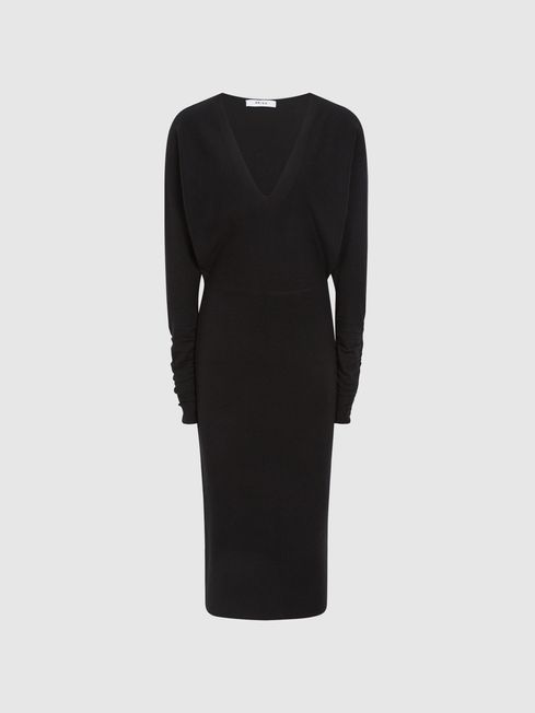 Reiss Black Jenna Wool Blend Ruched Sleeve Midi Dress