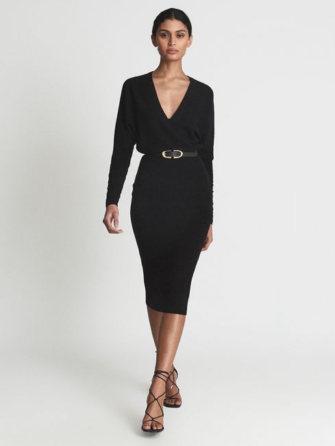 Reiss Jenna Wool Blend Ruched Sleeve Midi Dress REISS USA