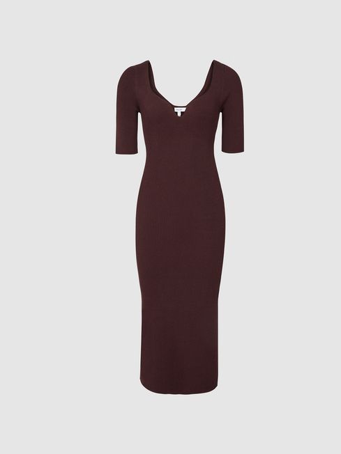 Reiss Burgundy Olivia Sweetheart Neck Midi Dress