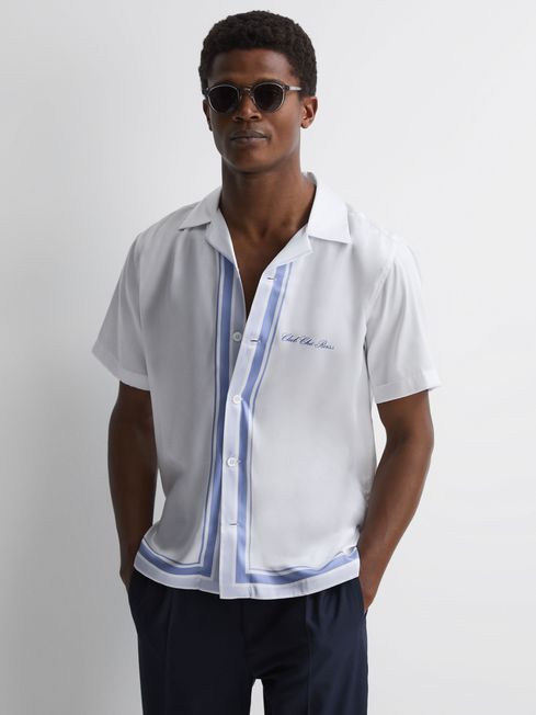 Reiss White/Blue Chateau Reiss | Ché Motif Cuban Collar Button-Through Shirt