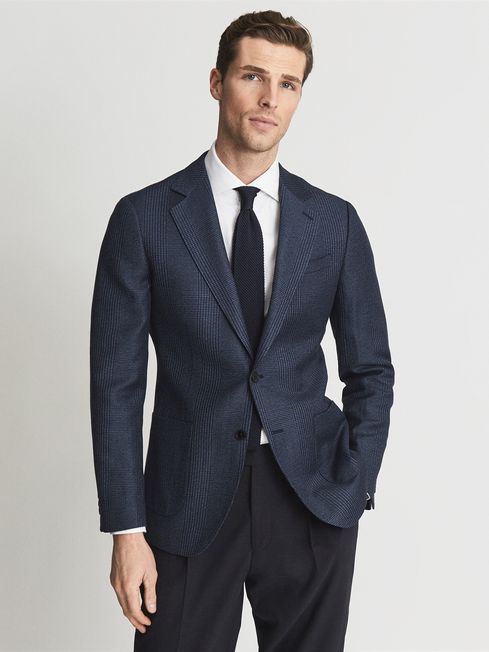 Single Breasted Prince Of Wales Check Blazer in Blue