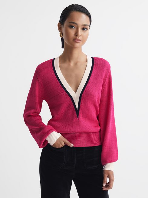 Reiss Pink/Ivory Talitha Contrast Trim Knitted Jumper