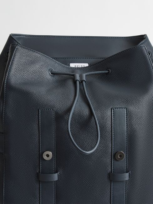 Reiss Dark Blue Bellingham Multi Pocket Grained Leather Backpack