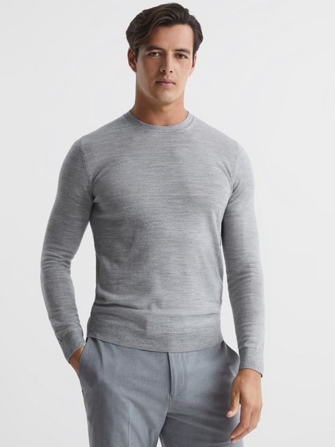 Men's Merino Wool Crew Neck Sweater: Blue-Grey