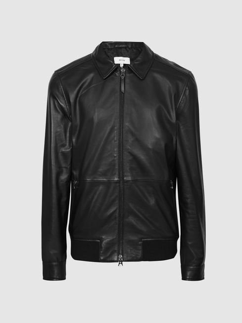 Zip Through Leather Jacket in Black