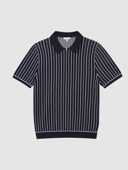 Reiss Navy Code Half Zip Striped Polo T-Shirt