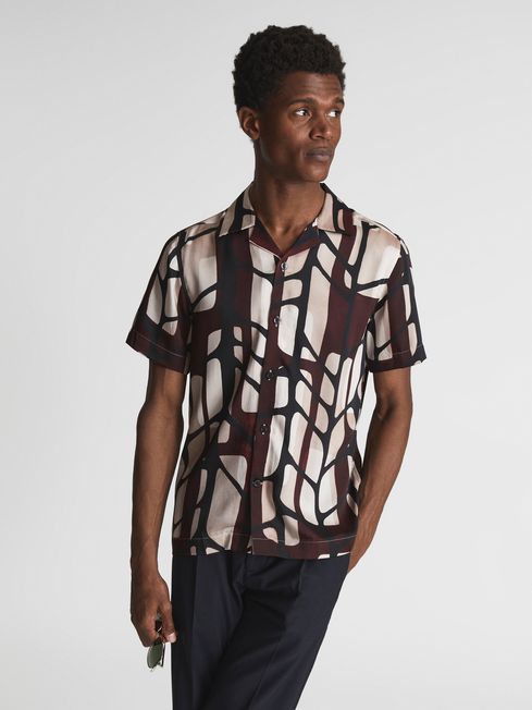 Reiss Bordeaux/Ivory Rico Abstract Print Cuban Collar Shirt