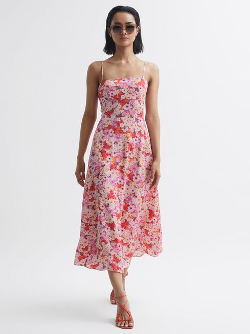 Reiss Pink Print Bonnie Floral Print Fitted Midi Dress