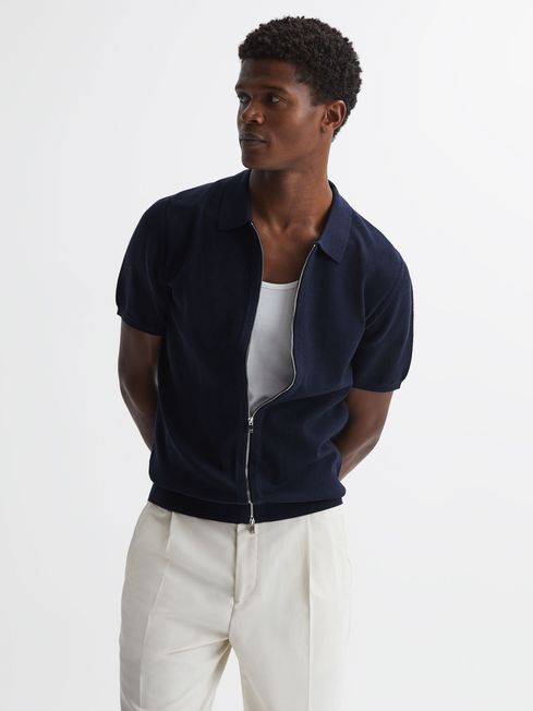 Reiss Navy Walton Slim Fit Textured Zip Through T-Shirt