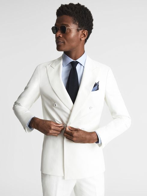 Reiss White Tone Double Breasted Linen Blazer