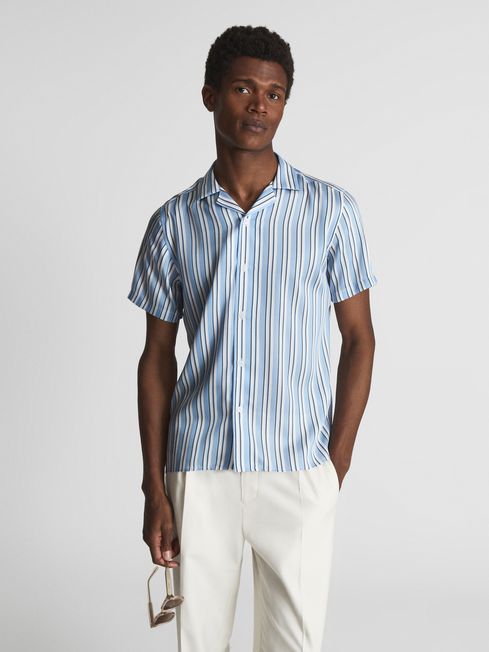 Reiss White/Soft Blue Lebon Striped Cuban Collar Shirt