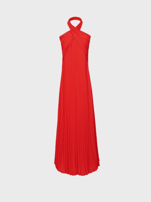 Reiss Roya Halter Neck Pleat Midi Dress REISS Germany