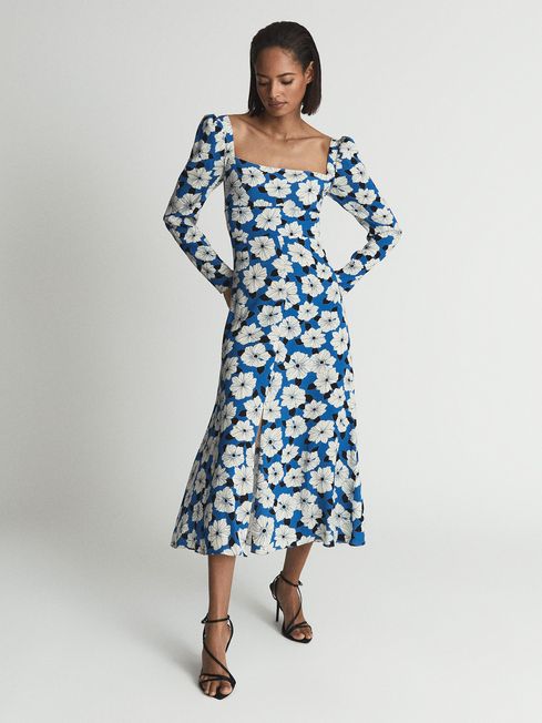 Reiss Miller Floral Print Square Neck Midi Dress | REISS USA