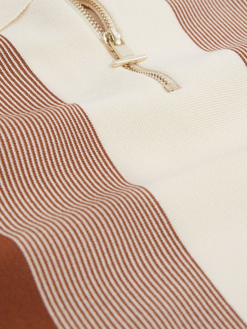 Reiss Tobacco/Cream Milton Half Zip Striped Polo Shirt