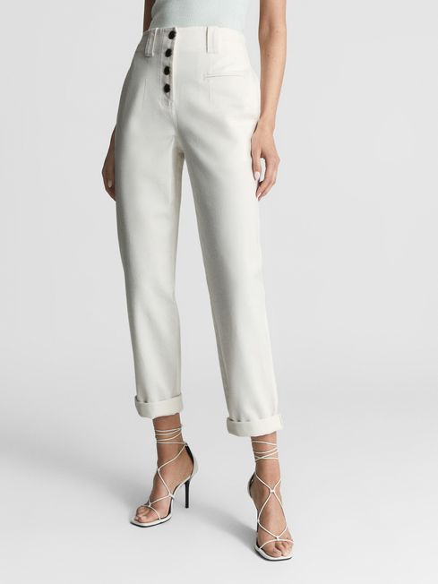 Reiss White Ava Button Fly Cotton Trousers