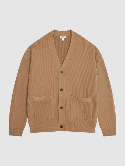 Reiss Camel Bardot Chunky Knit Ribbed Cardigan